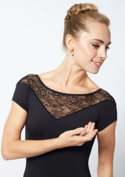 Move Dance Alana Cap Sleeve Lace Leotard 9 Move Dance Alana Cap Sleeve Lace Leotard -Dance Costumes MOL0625 BLK CLOSE UP FRONT 1 03232.1678884175