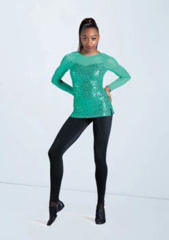 Weissman Long Sleeve Sequin Mesh Top -Dance Costumes SQ12457 emerald 975 61418.1678891714
