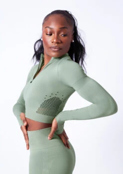Move Dance Orianna Seamless Zip Crop Top -Dance Costumes moz0503 sage close up side 81287.1682378357