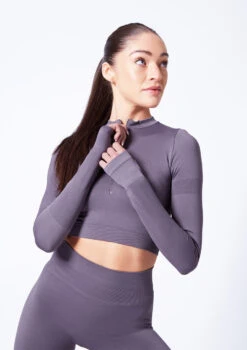 Move Dance Orianna Seamless Zip Crop Top -Dance Costumes moz0503 sharkgrey close up front 47444.1684799014