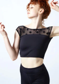 Move Dance Joelle Cap Sleeve Crop Top -Dance Costumes moz0623 black close up front 1 56244.1692921489